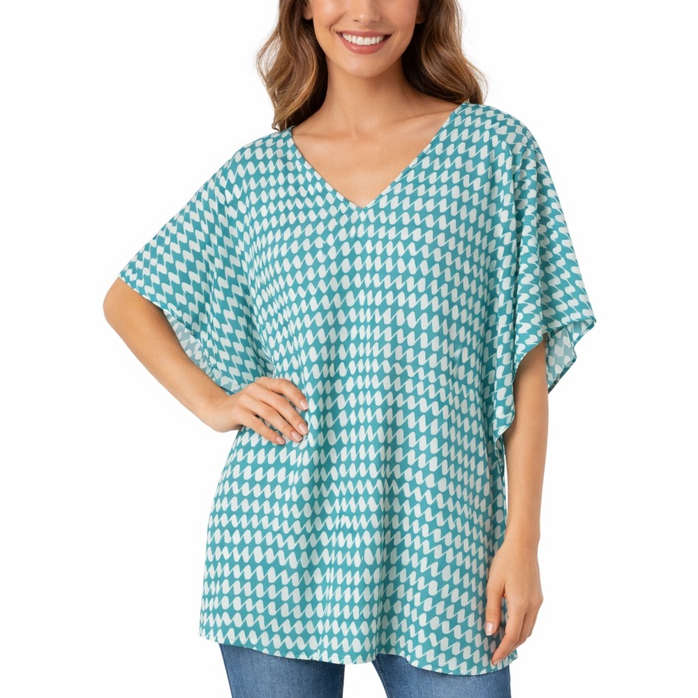 Trixxi Teal White Geometric Tunic Blouse Batwing Sleeve M